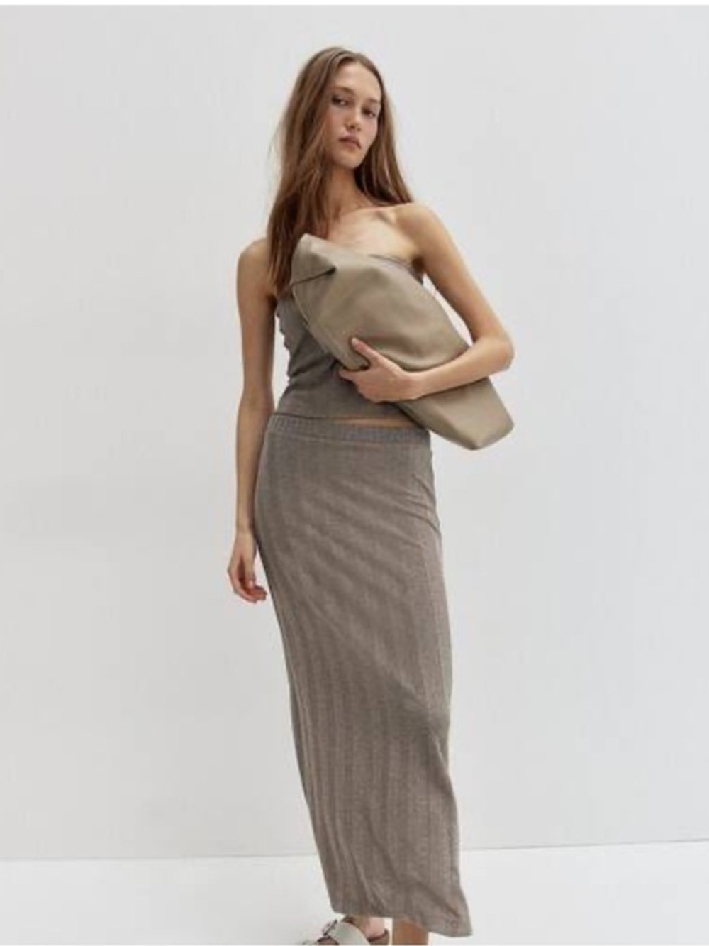 NWT H&M Neutral Taupe Ribbed Maxi Skirt and Tube Top Set- Women